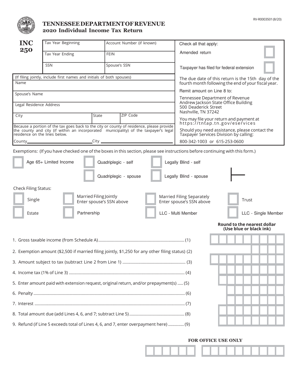 Form INC250 (RV-R0003501) Individual Income Tax Return - Tennessee, Page 1