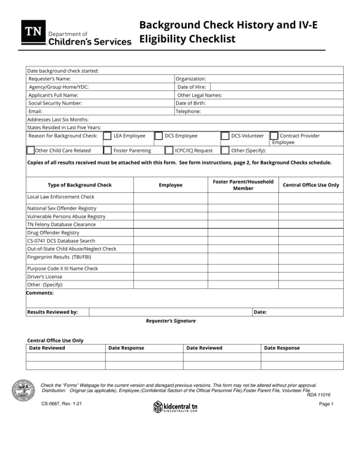 Form CS-0687 Background Check History and IV-E Eligibility Checklist - Tennessee