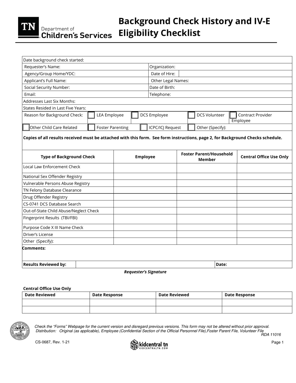 Form CS-0687 Background Check History and IV-E Eligibility Checklist - Tennessee, Page 1