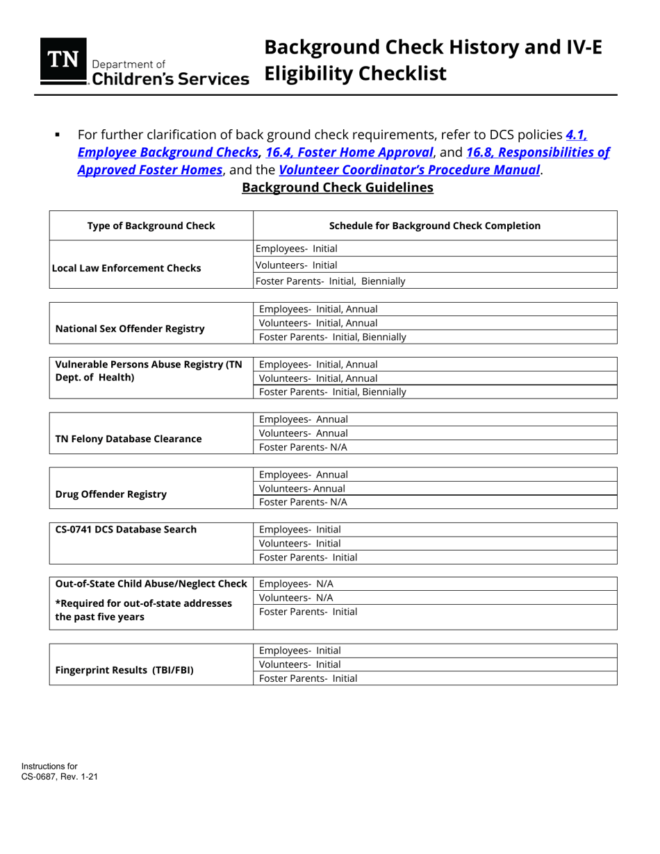Form CS-0687 Background Check History and IV-E Eligibility Checklist - Tennessee, Page 3