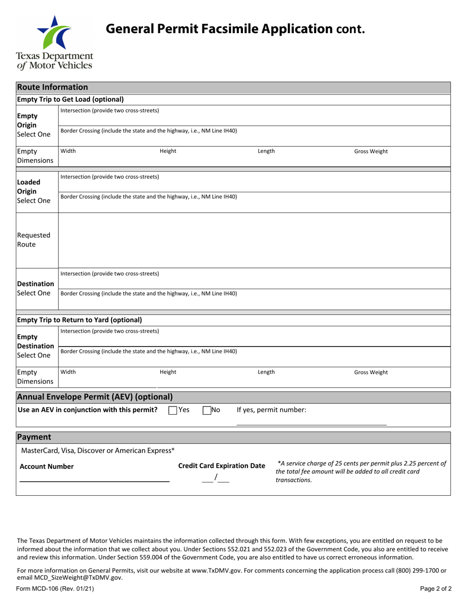 Form MCD-106 General Permit Facsimile Application - Texas, Page 3