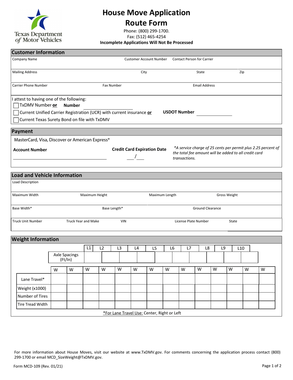 Form MCD-109 House Move Application Route Form - Texas, Page 3