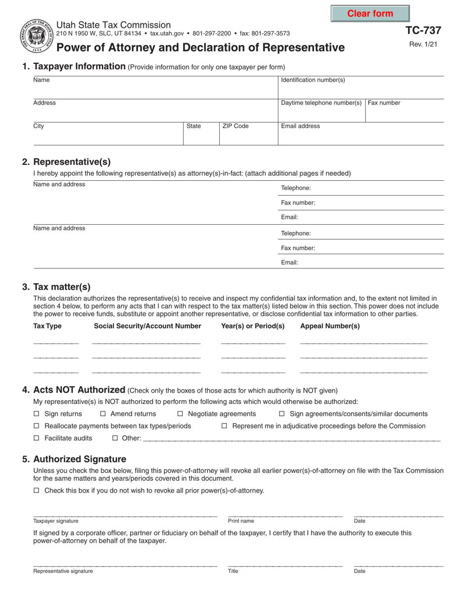 Form TC-737 Power of Attorney and Declaration of Representative - Utah, Page 1