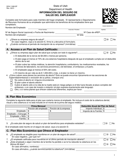DOH Formulario 116M Informacion Del Seguro De Salud Del Empleador - Utah (Spanish)