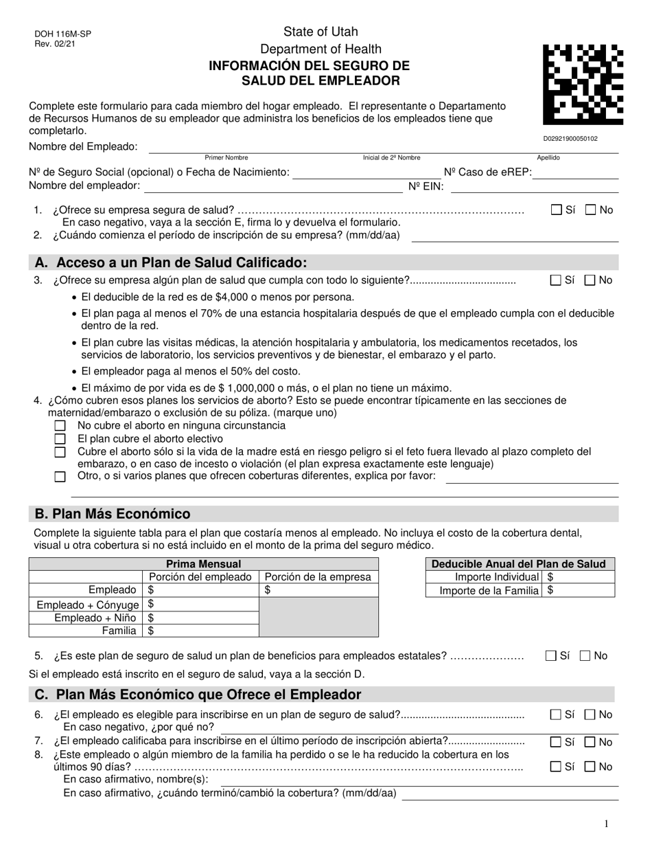 DOH Formulario 116M Informacion Del Seguro De Salud Del Empleador - Utah (Spanish), Page 1