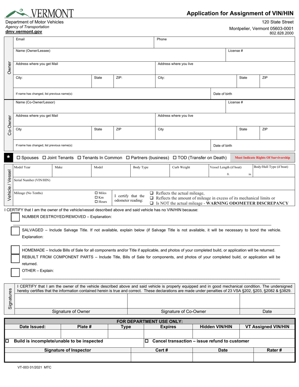Form VT-003 Application for Assignment of Vin / Hin - Vermont, Page 1