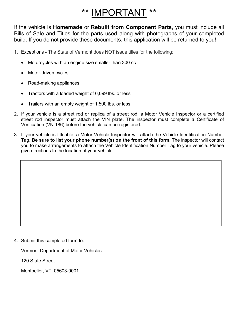 Form VT-003 Application for Assignment of Vin / Hin - Vermont, Page 2