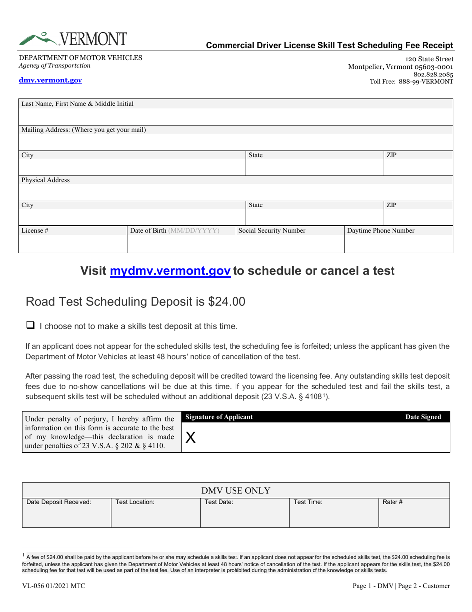 Form VL-056 Commercial Driver License Skill Test Scheduling Fee Receipt - Vermont, Page 1