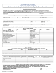 Form MCH213G School Entrance Health Form - Virginia