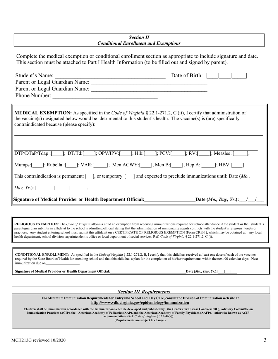 Form MCH213G School Entrance Health Form - Virginia, Page 3