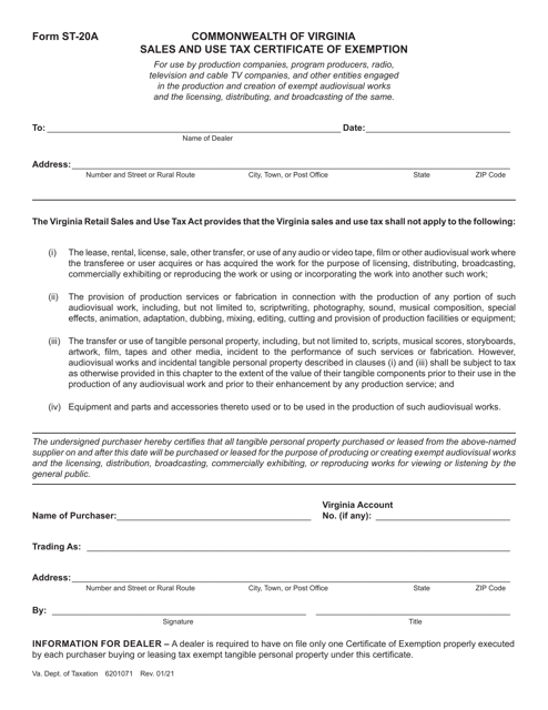 Form ST-20A Sales and Use Tax Certificate of Exemption - Virginia