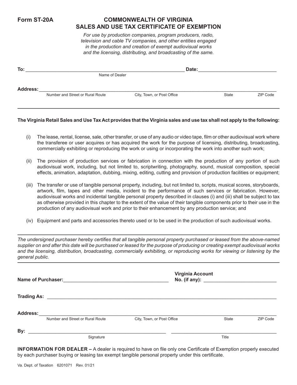 Form ST-20A Sales and Use Tax Certificate of Exemption - Virginia, Page 1