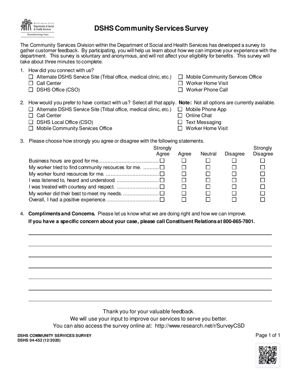 DSHS Form 04-452 Dshs Community Services Survey - Washington, Page 1