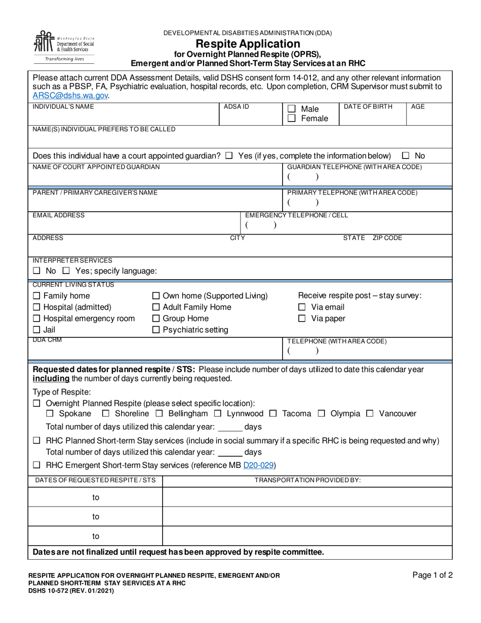 DSHS Form 10-572 Respite Application for Overnight Planned Respite (Oprs), Emergent and / or Planned Short-Term Stay Services at an Rhc - Washington, Page 1