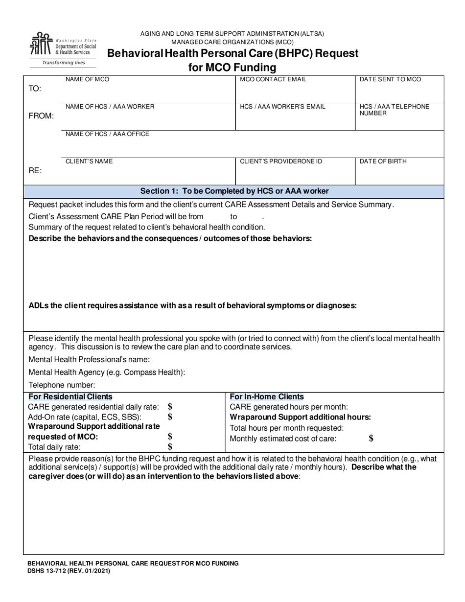 DSHS Form 13-712 Behavioral Health Personal Care (Bhpc) Request for Mco Funding - Washington, Page 1