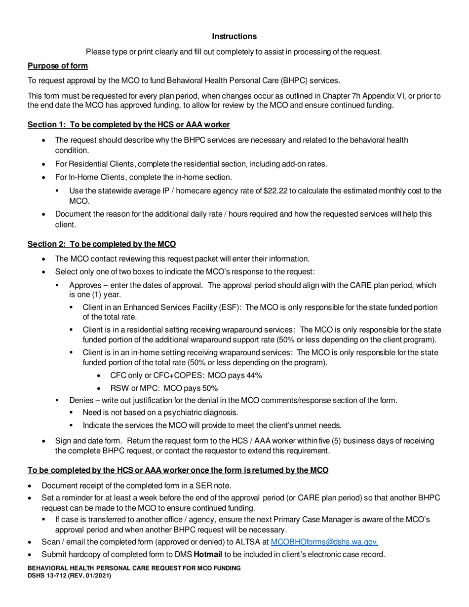 DSHS Form 13-712 Behavioral Health Personal Care (Bhpc) Request for Mco Funding - Washington, Page 3