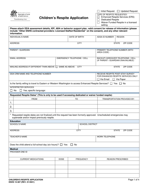 DSHS Form 15-387 Children's Respite Application - Washington