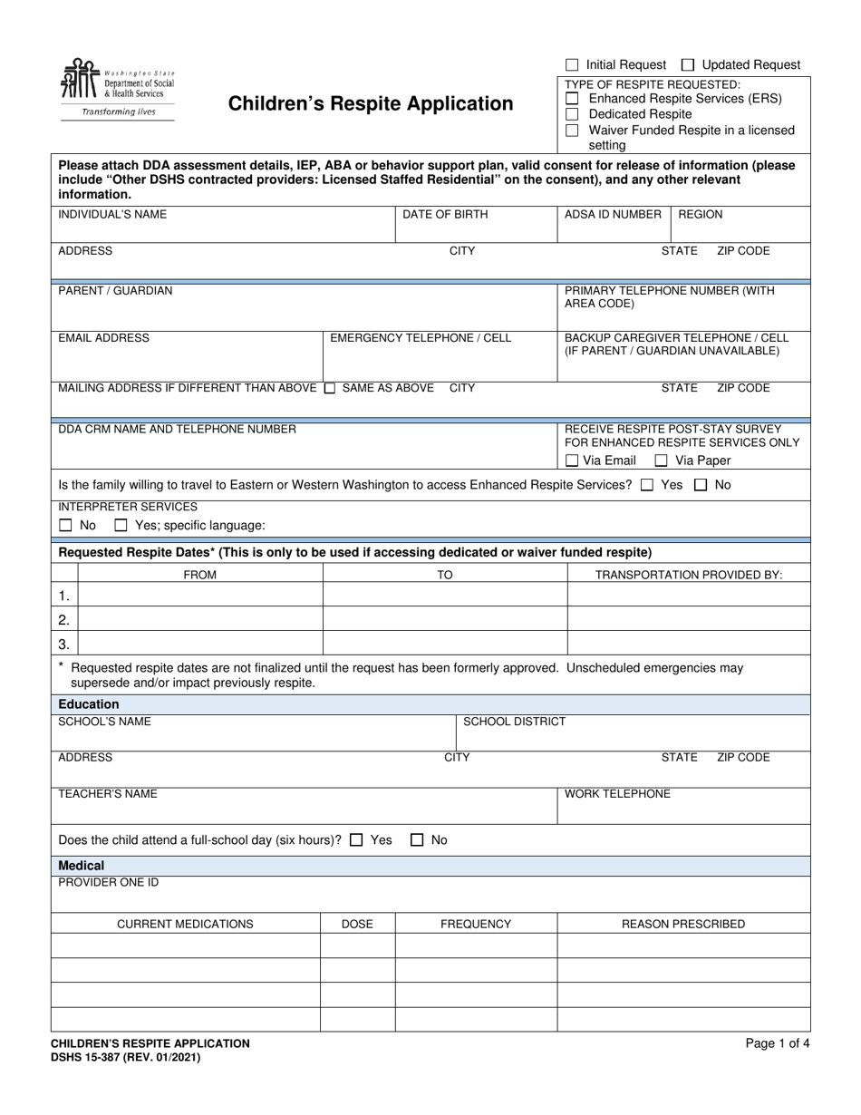 DSHS Form 15-387 Childrens Respite Application - Washington, Page 1