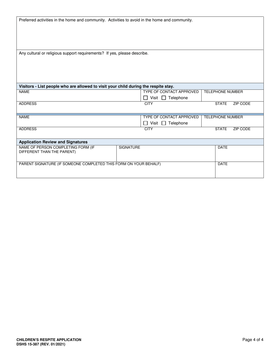 DSHS Form 15-387 Childrens Respite Application - Washington, Page 4