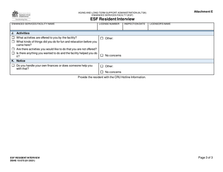 DSHS Form 15-575 Attachment E Esf Resident Interview - Washington, Page 3