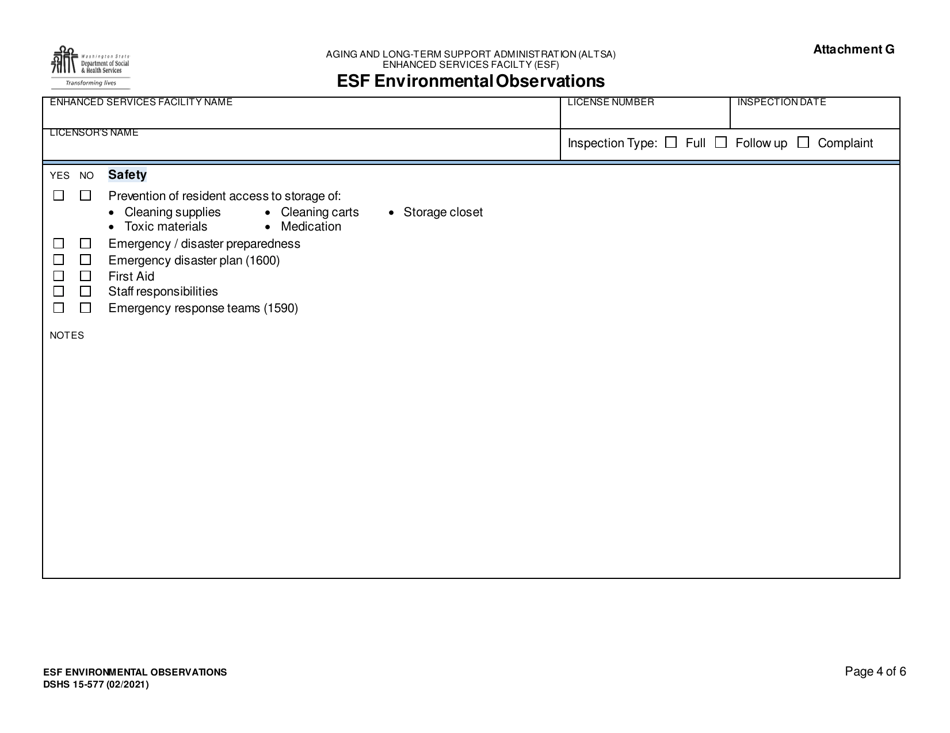 DSHS Form 15-577 Attachment G Esf Environmental Observations - Washington, Page 4