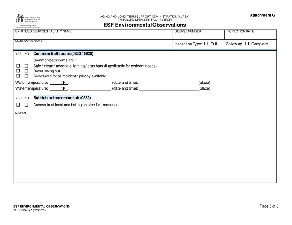 DSHS Form 15-577 Attachment G Esf Environmental Observations - Washington, Page 5