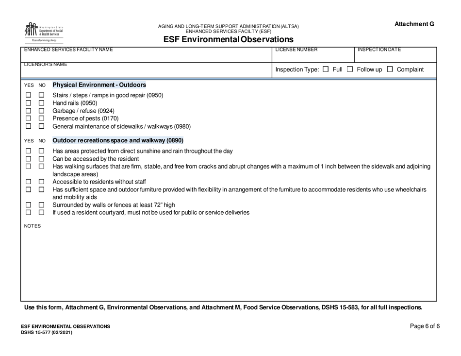 DSHS Form 15-577 Attachment G Esf Environmental Observations - Washington, Page 6
