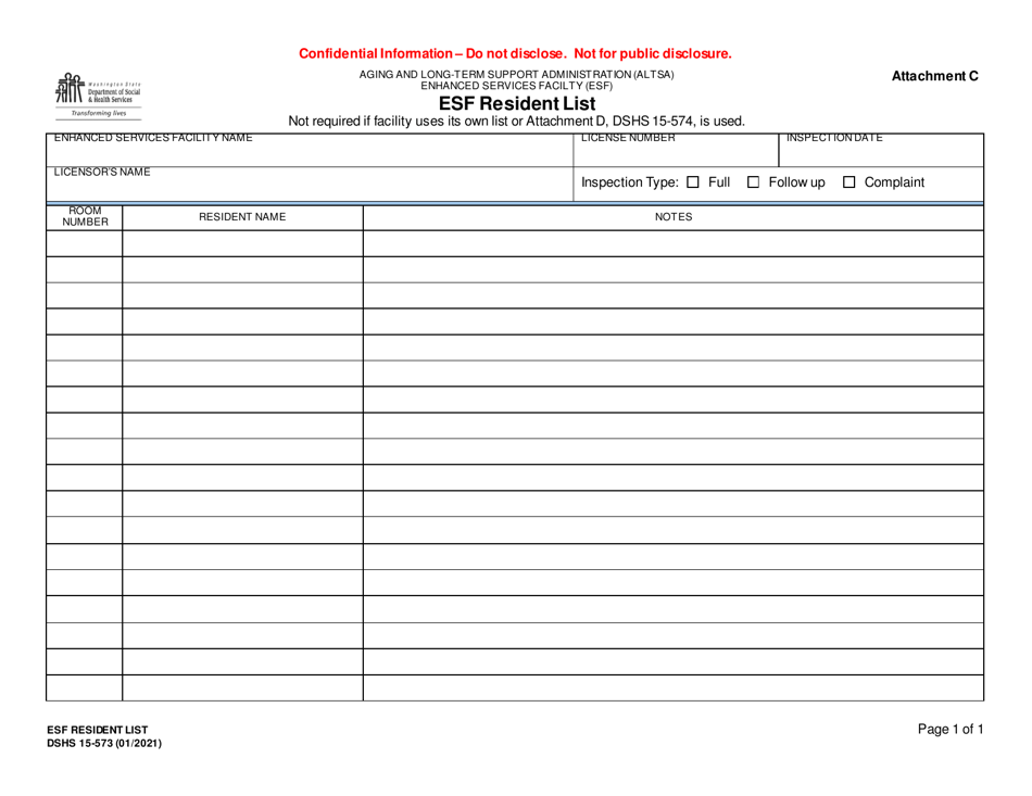 DSHS Form 15-573 Attachment C Enhanced Services Facility (Esf) Resident List - Washington, Page 1