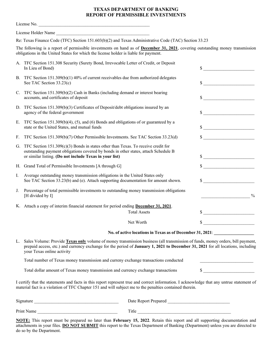 Report of Permissible Investments - 4th Quarter - Texas, Page 1