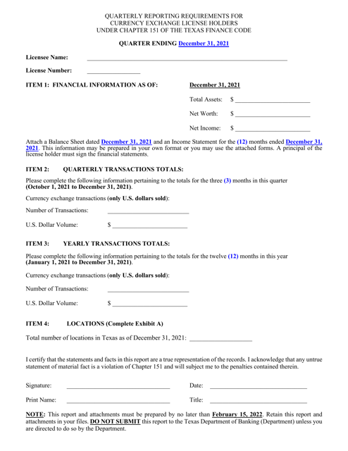 Currency Exchange License Holders Quarterly Report - 4th Quarter - Texas Download Pdf