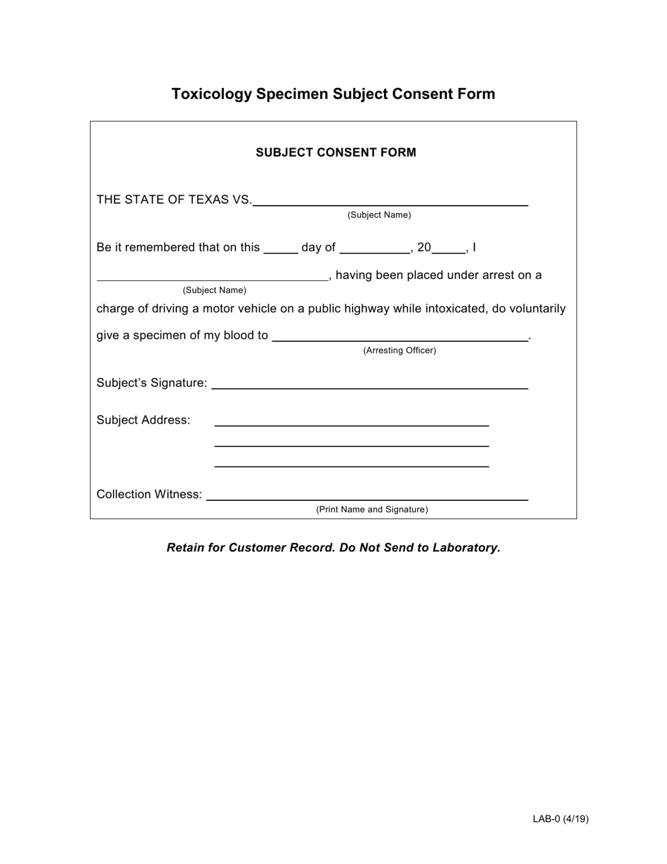Form LAB-0 Toxicology Specimen Subject Consent Form - Texas, Page 1