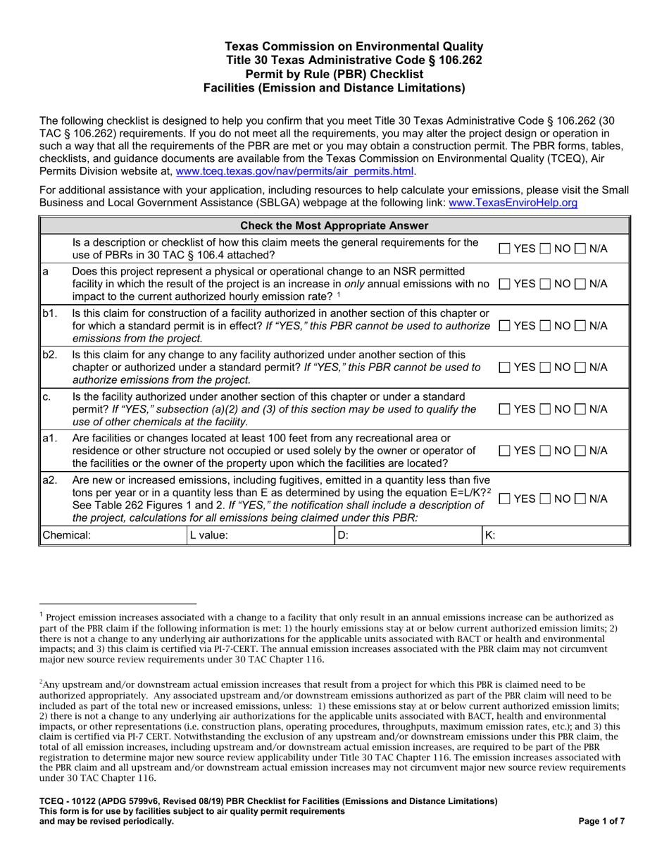 Form TCEQ-10122 Permits by Rule 106.262, Checklist for Facilities (Emission and Distance Limitations) - Texas, Page 1