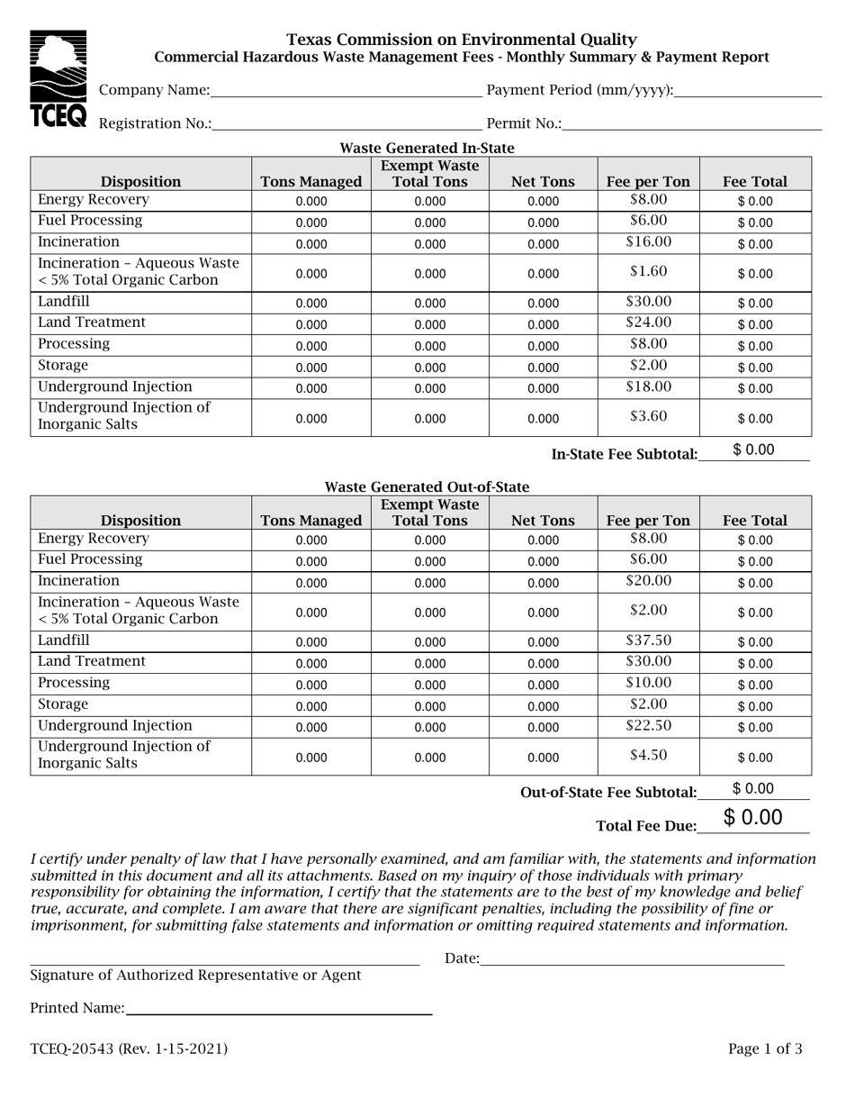 Form TCEQ-20543 Commercial Hazardous Waste Management Fees - Monthly Summary  Payment Report - Texas, Page 1