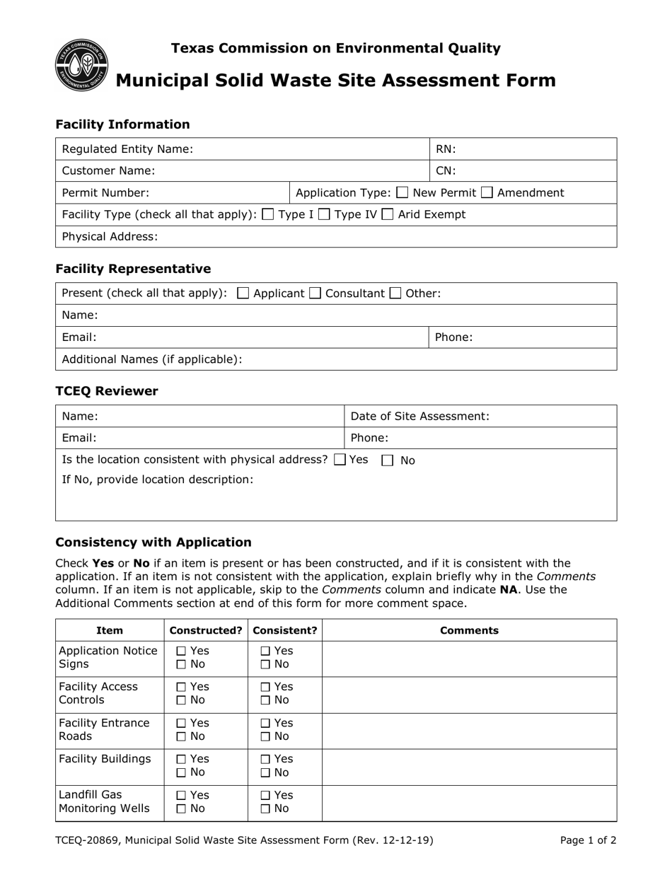 Form TCEQ-20869 Municipal Solid Waste Site Assessment Form - Texas, Page 1