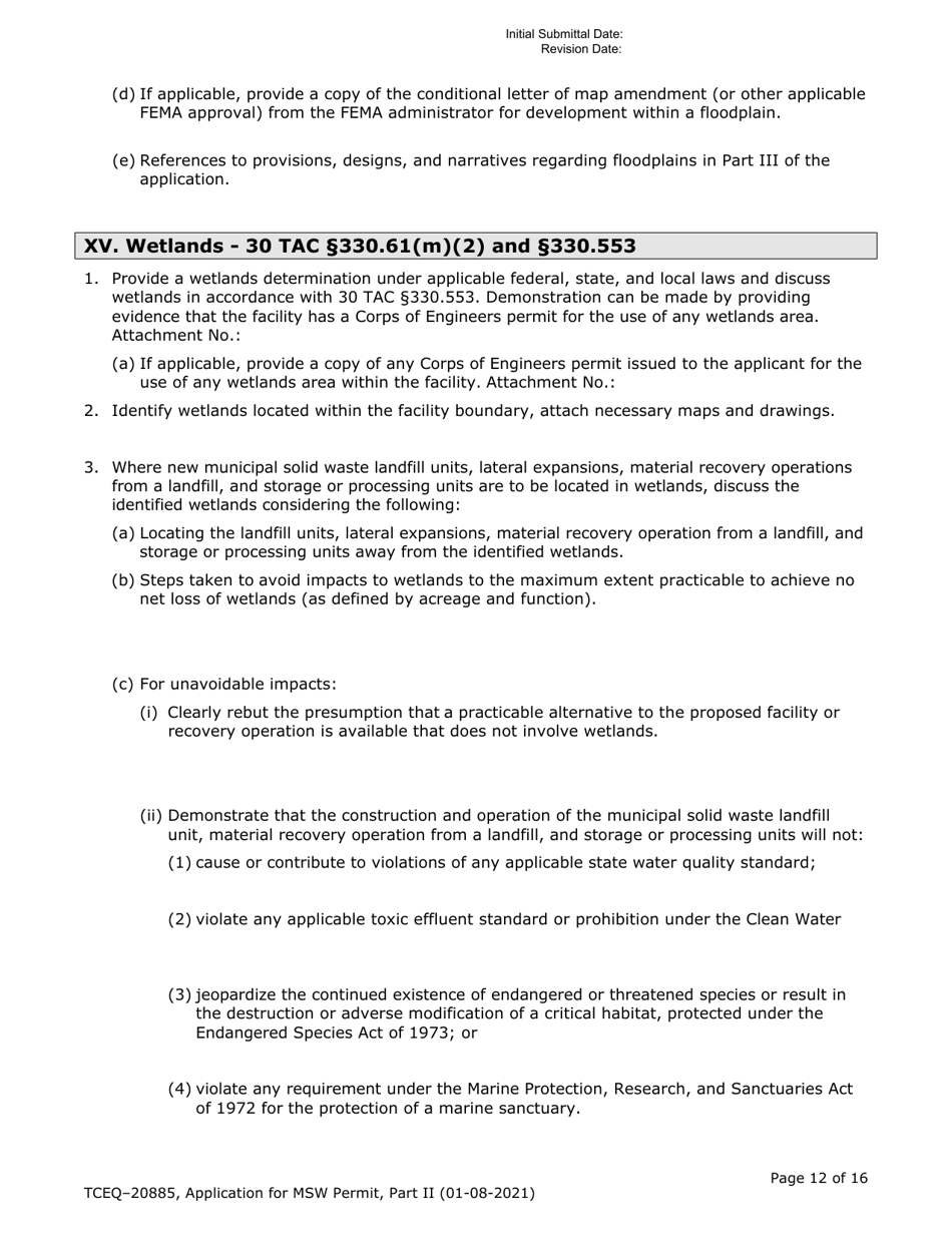 Form TCEQ-20885 Part II Application Form for New Permit or Permit Amendment for a Municipal Solid Waste Landfill Facility - Texas, Page 12