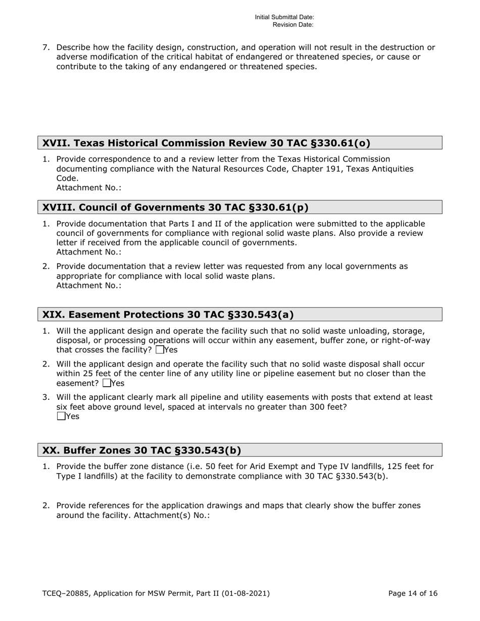 Form TCEQ-20885 Part II Application Form for New Permit or Permit Amendment for a Municipal Solid Waste Landfill Facility - Texas, Page 14