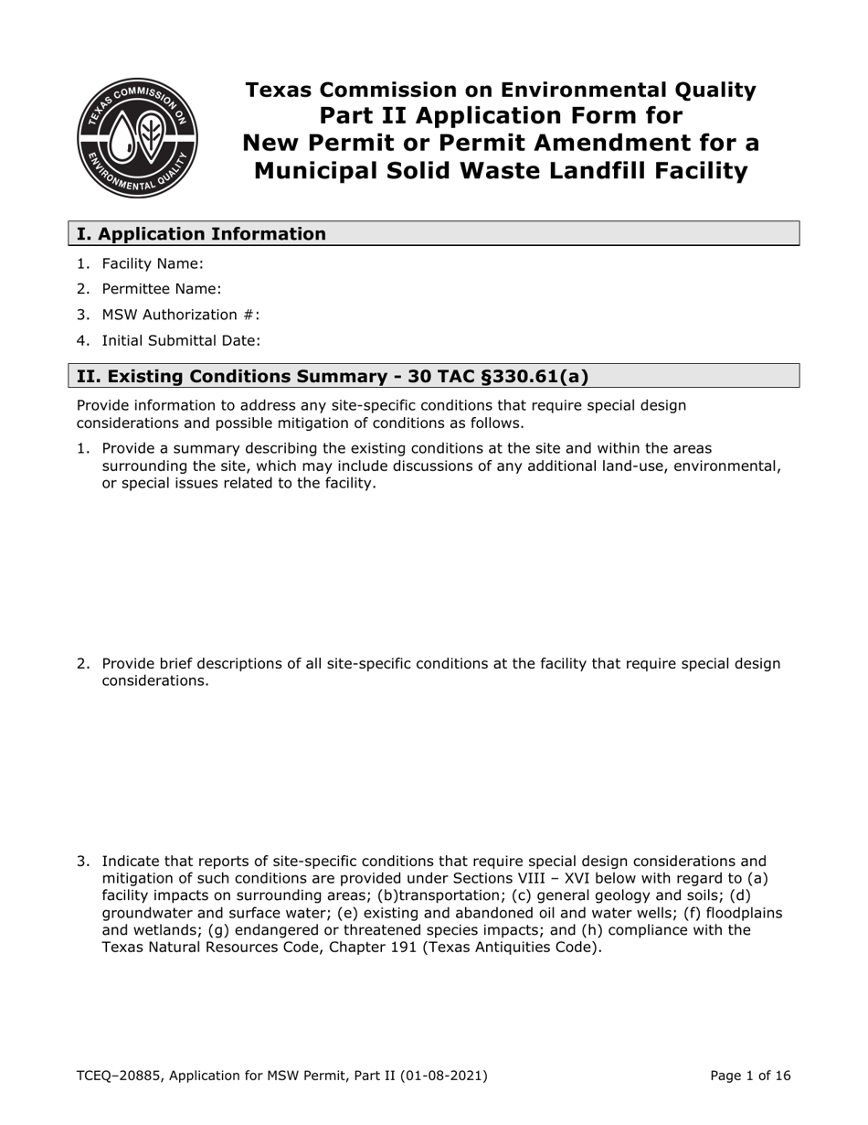 Form TCEQ-20885 Part II Application Form for New Permit or Permit Amendment for a Municipal Solid Waste Landfill Facility - Texas, Page 1