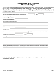 Document preview: Form TCEQ-20624 Pesticides General Permit Adverse Incident Report - Texas