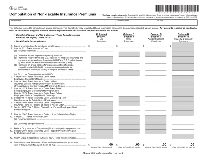 Form 25-205 Computation of Non-taxable Insurance Premiums - Texas