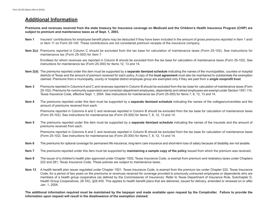 Form 25-205 Computation of Non-taxable Insurance Premiums - Texas, Page 2