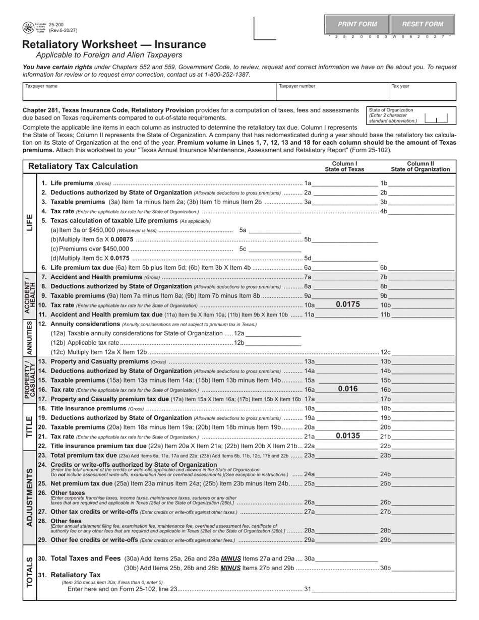 Form 25-200 Retaliatory Worksheet - Insurance (Applicable to Foreign and Alien Taxpayers) - Texas, Page 1