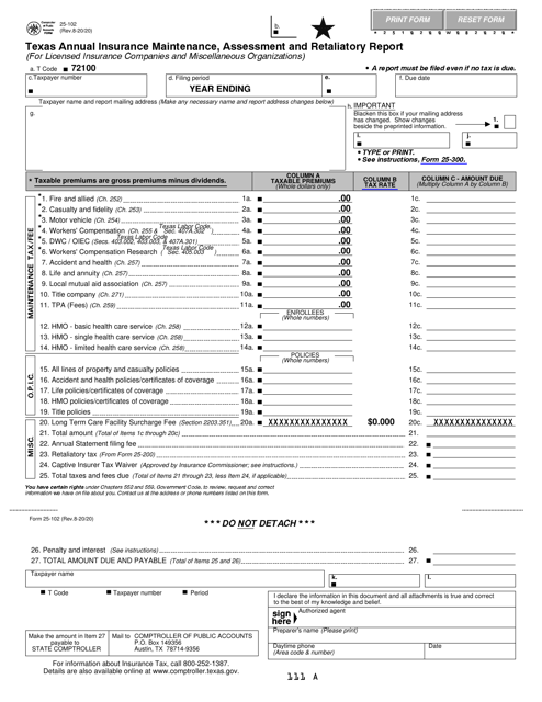 Form 25-102 Texas Annual Insurance Maintenance, Assessment and Retaliatory Report - Texas