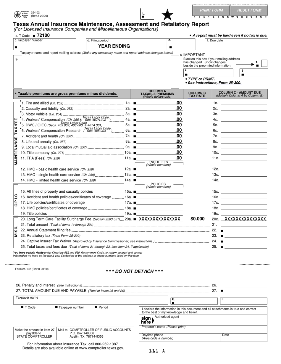 Form 25-102 Texas Annual Insurance Maintenance, Assessment and Retaliatory Report - Texas, Page 1