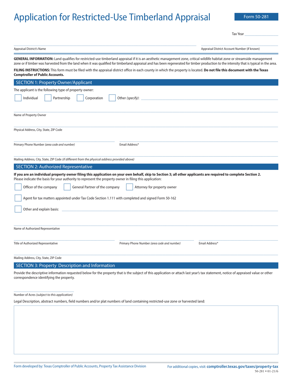 Form 50-281 Application for Restricted-Use Timberland Appraisal - Texas, Page 1