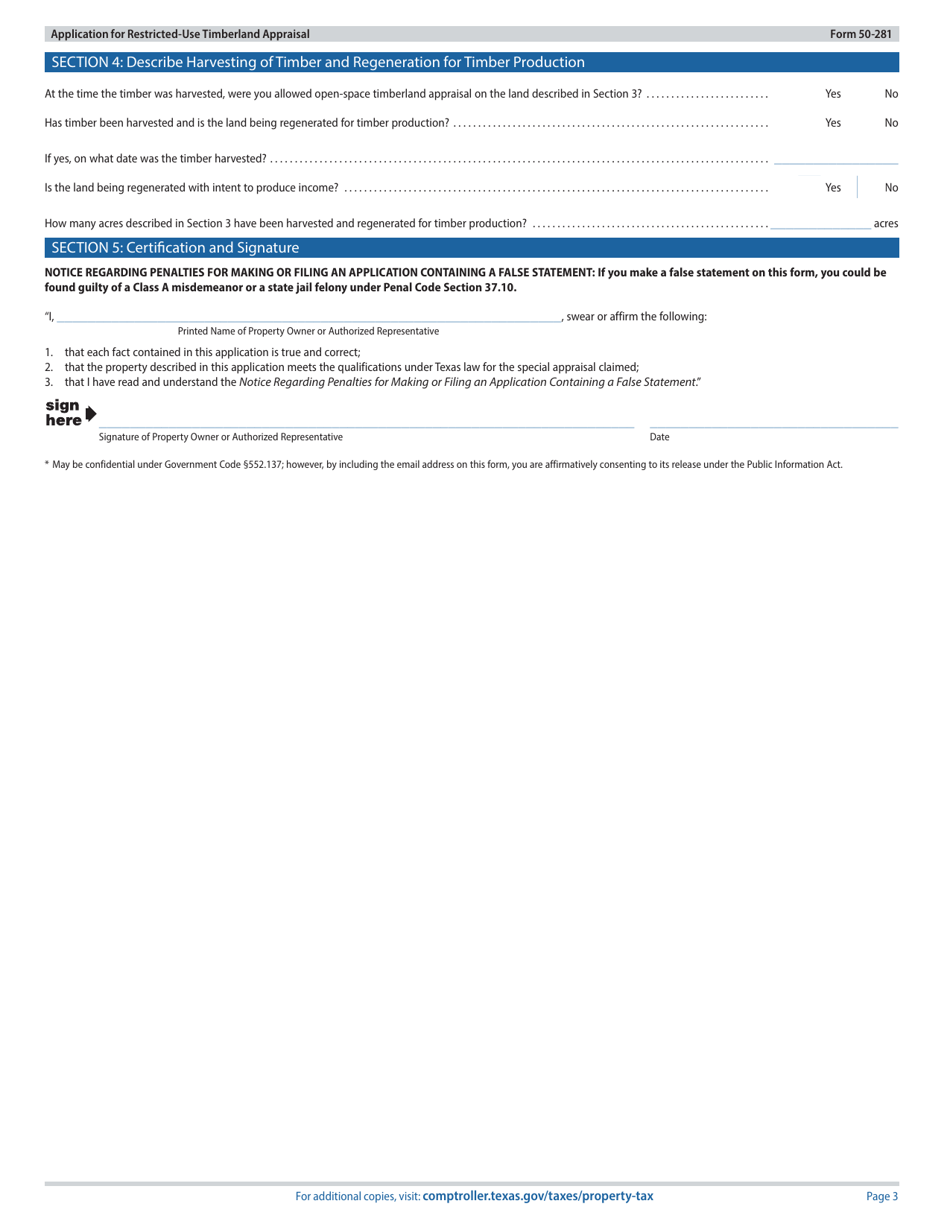 Form 50-281 Application for Restricted-Use Timberland Appraisal - Texas, Page 3