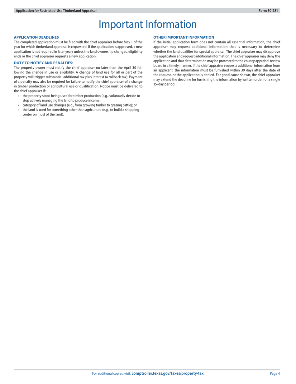Form 50-281 Application for Restricted-Use Timberland Appraisal - Texas, Page 4
