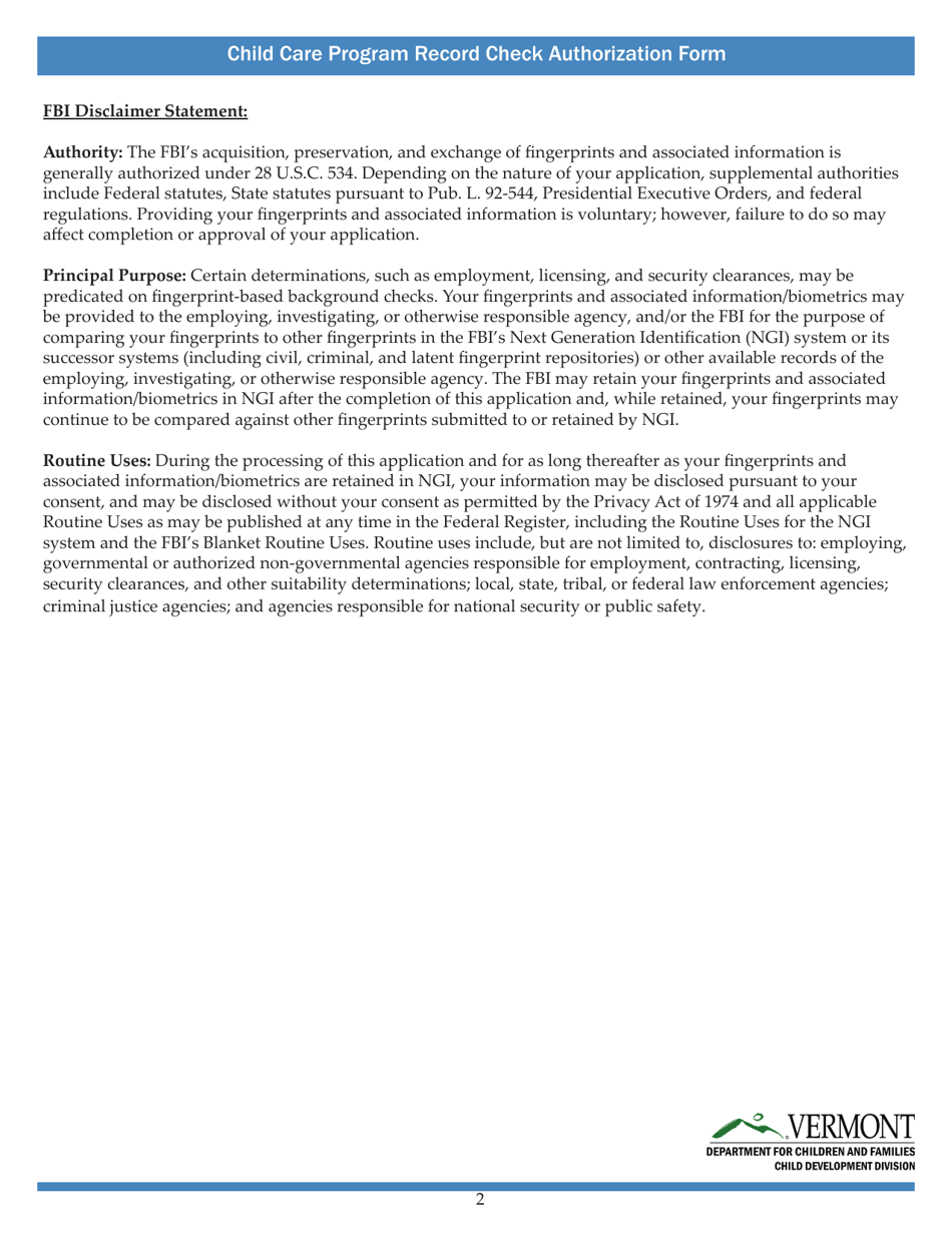 Child Care Program Record Check Authorization Form - Vermont, Page 2