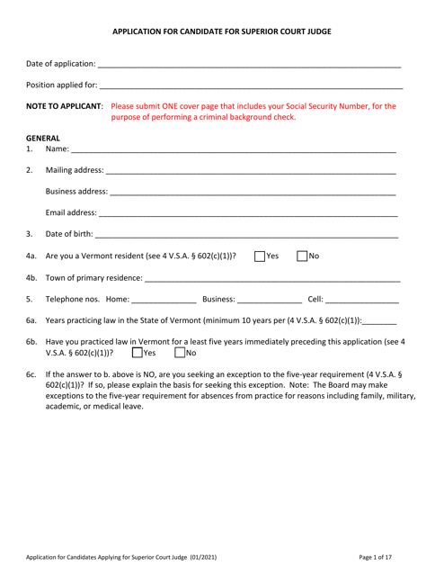 Application for Candidate for Superior Court Judge - Vermont Download Pdf