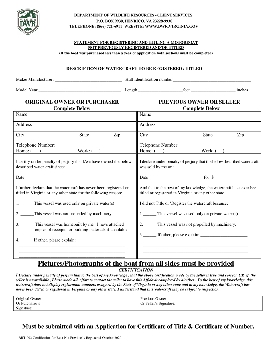Form BRT-002 Statement for Registering and Titling a Motorboat Not Previously Registered and / or Titled - Virginia, Page 1