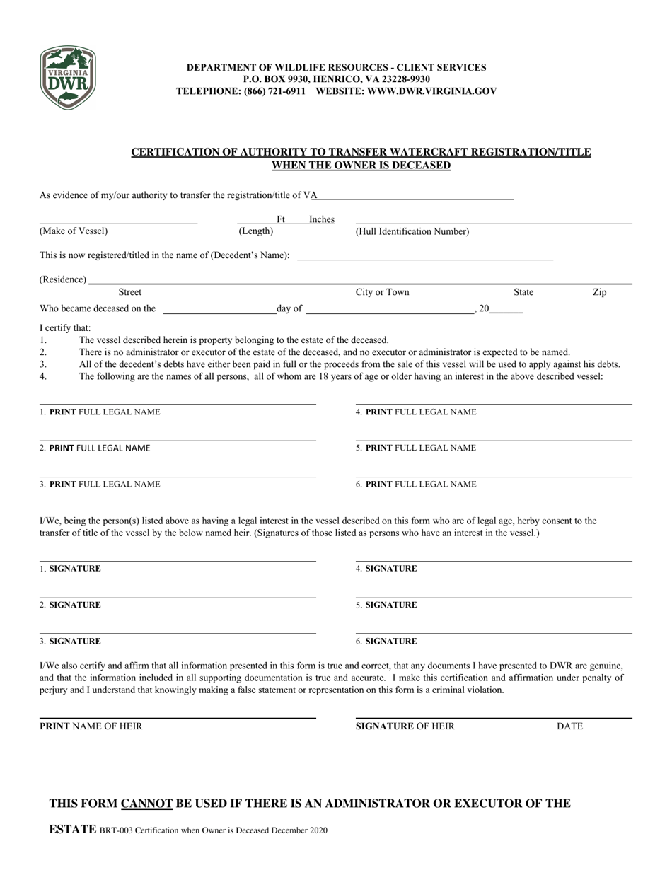Form BRT-003 Certification of Authority to Transfer Watercraft Registration / Title When the Owner Is Deceased - Virginia, Page 1